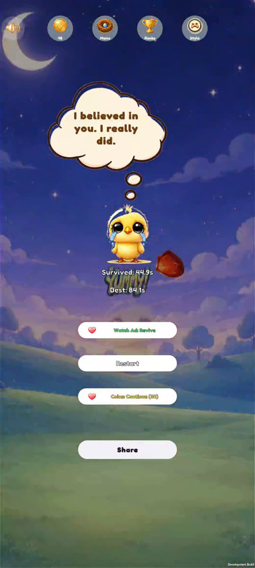 Game over screen with a reaction message