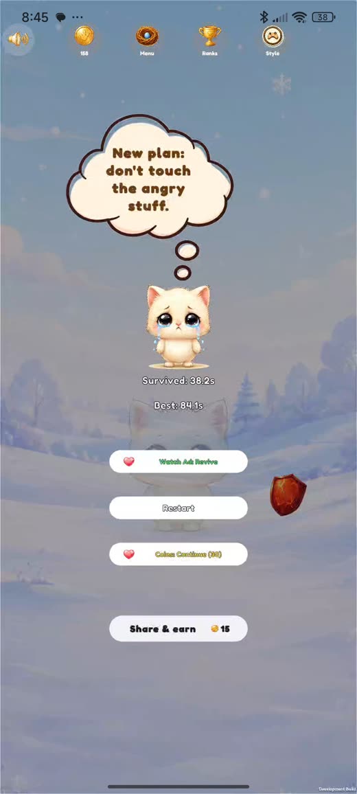 Game over screen with the Cat character and a reaction message: New plan, don't touch the angry stuff