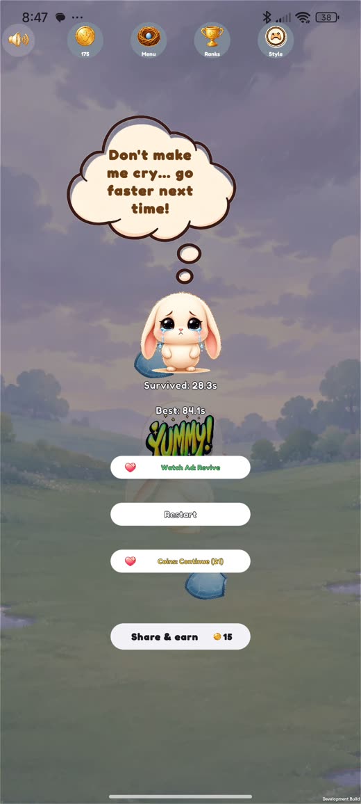 Game over screen with the Rabbit character on a rainy background and a reaction message: Don't make me cry, go faster next time