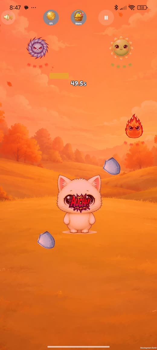Gameplay with the Cat character on the Autumn background, taking damage with an Auchh! reaction popup