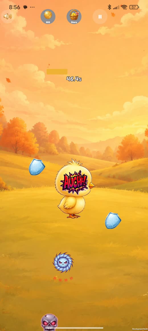 Gameplay with the Chick character on the Autumn background, taking damage with an Auchh! reaction popup