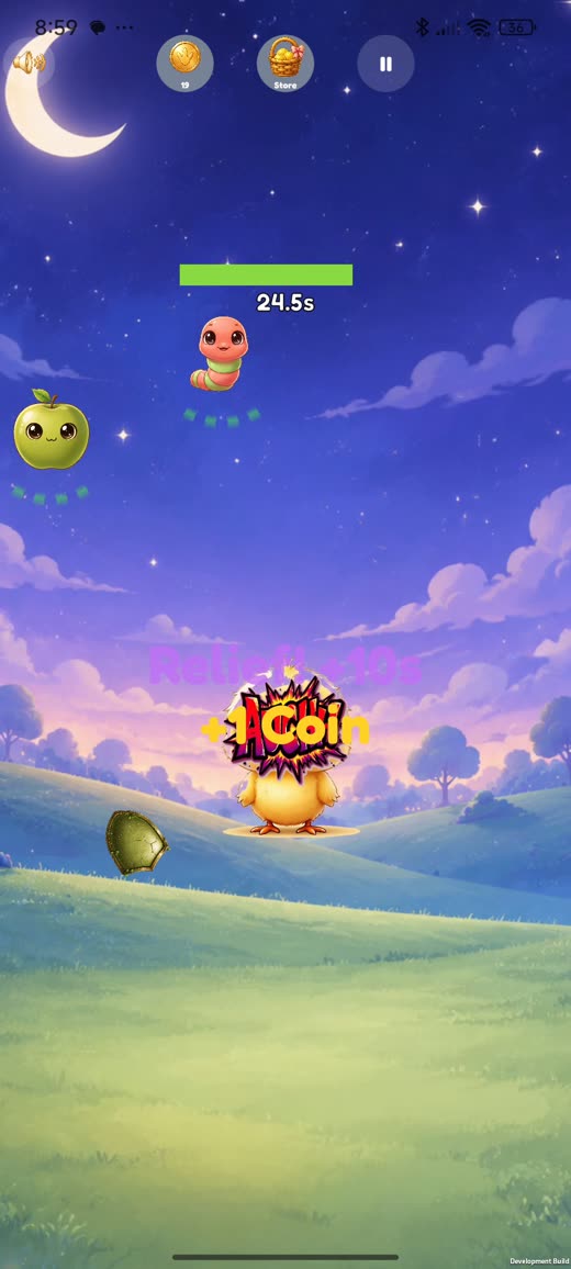Gameplay at night, catching a Relief pickup for +10 seconds and +1 coin