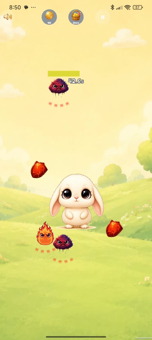 Gameplay with the Rabbit character on the Pastoral background, dodging multiple threats at once