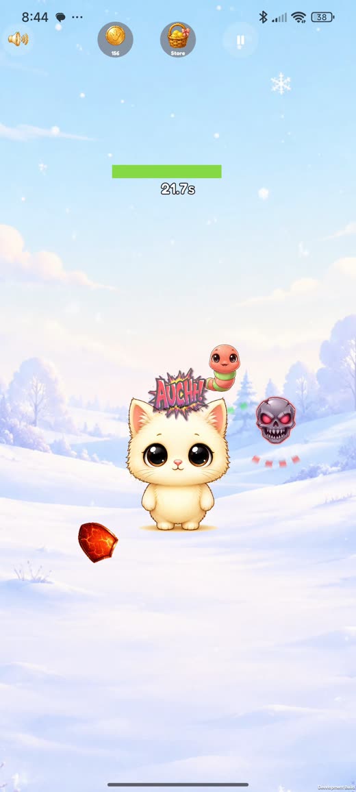 Gameplay with the Cat character on the Winter background, taking damage from a worm and a skull threat, with an Auchh! reaction popup