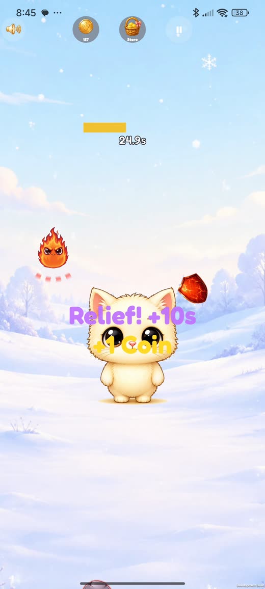 Gameplay with the Cat character on the Winter background wearing the Fire shield, catching a Relief pickup for +10 seconds and +1 coin