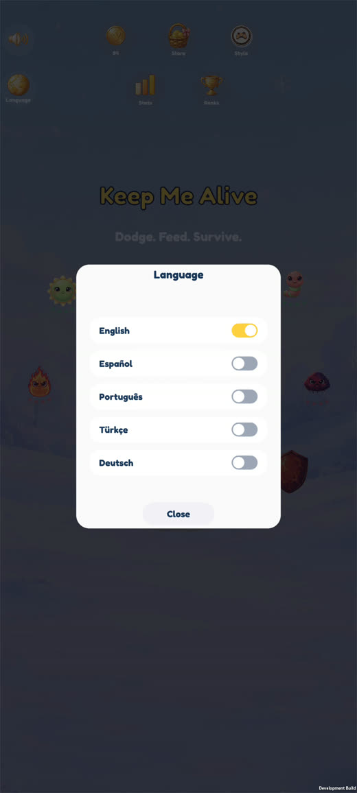 Language picker showing English, Spanish, Portuguese, Turkish, German