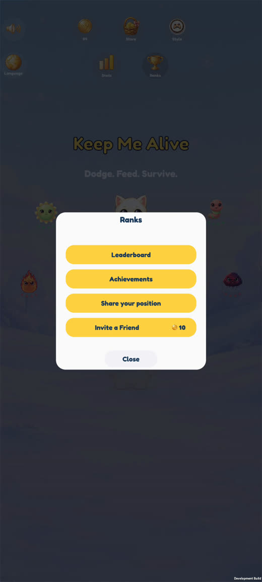 Ranks menu: leaderboard, achievements, share position, invite a friend