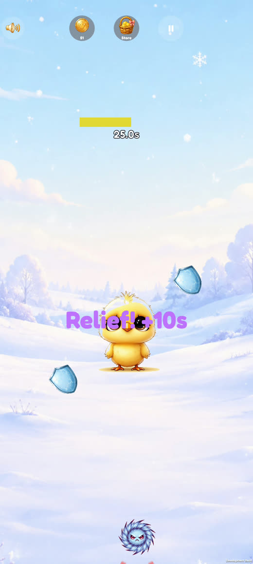 Gameplay on the Winter background with the Ice shield equipped, catching a Relief pickup